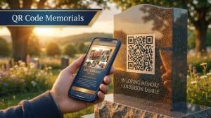 QR code memorial on a headstone connecting to a digital tribute page with photos and family stories on a smartphone screen
