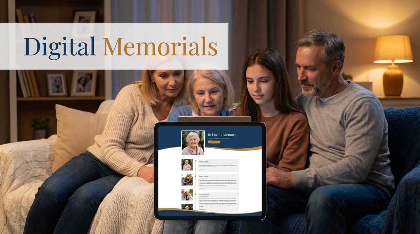 Digital memorial online platform showing a family tribute page with photos and memories