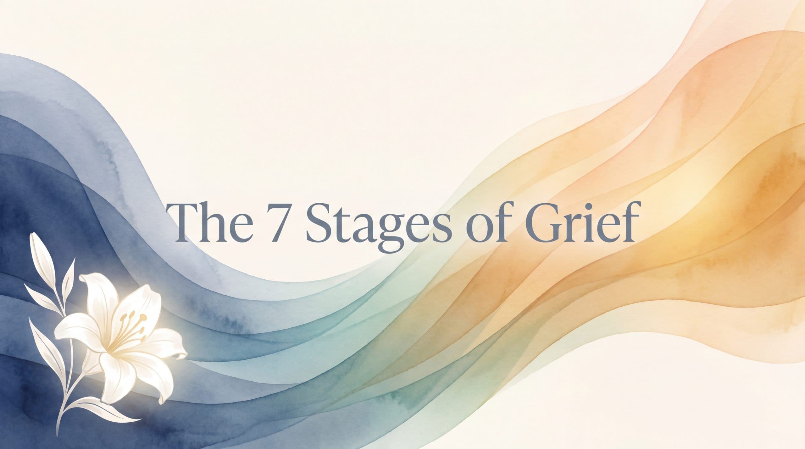 The 7 stages of grief illustrated with a calming gradient from navy blue to amber gold