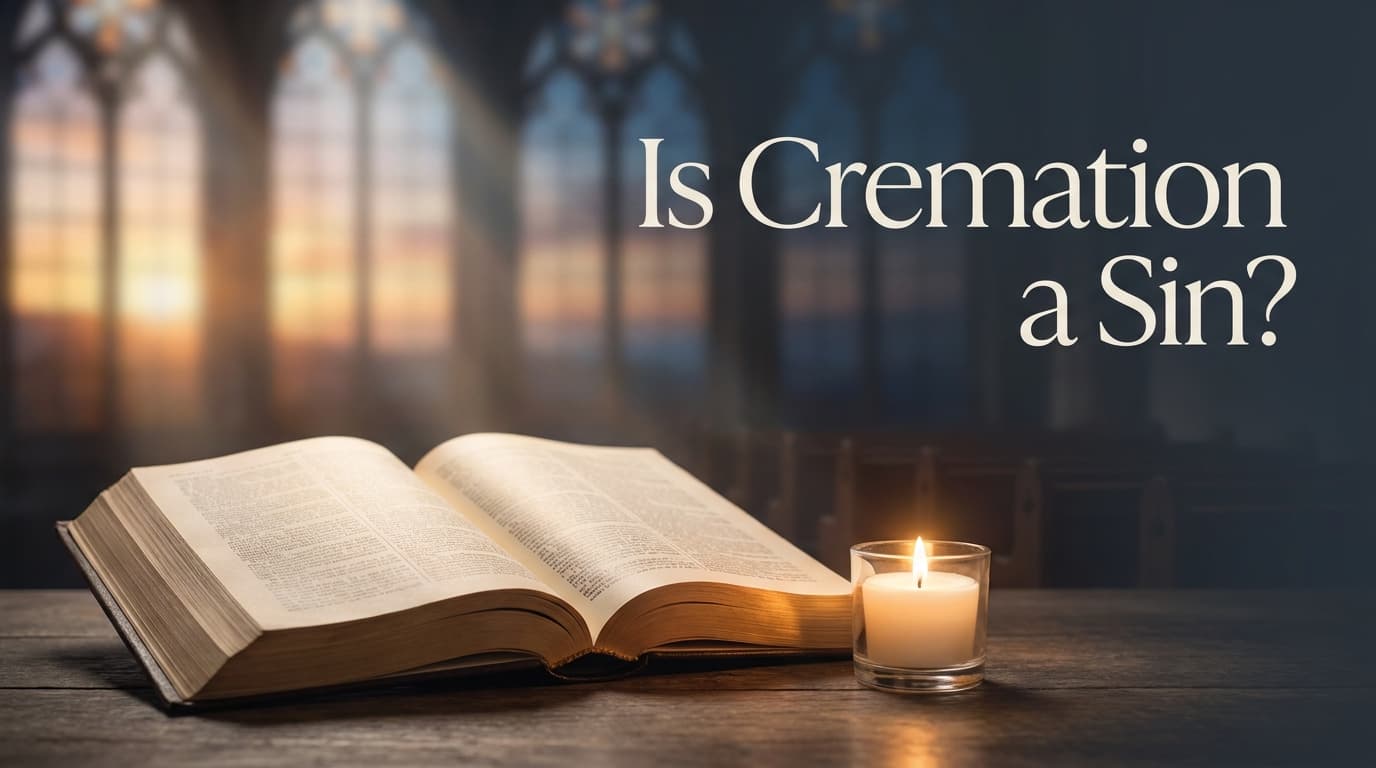 Is cremation a sin? A compassionate guide showing faith perspectives on cremation, with soft candlelight, an open Bible, and a peaceful sunrise