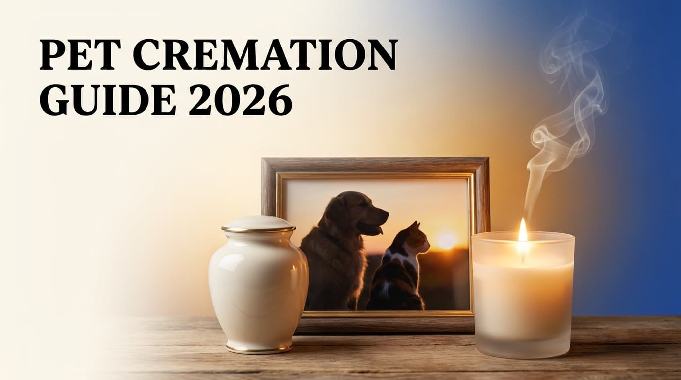 Pet Cremation Guide 2026 featured image with Linkora primary blue and amber brand colors showing a peaceful tribute scene