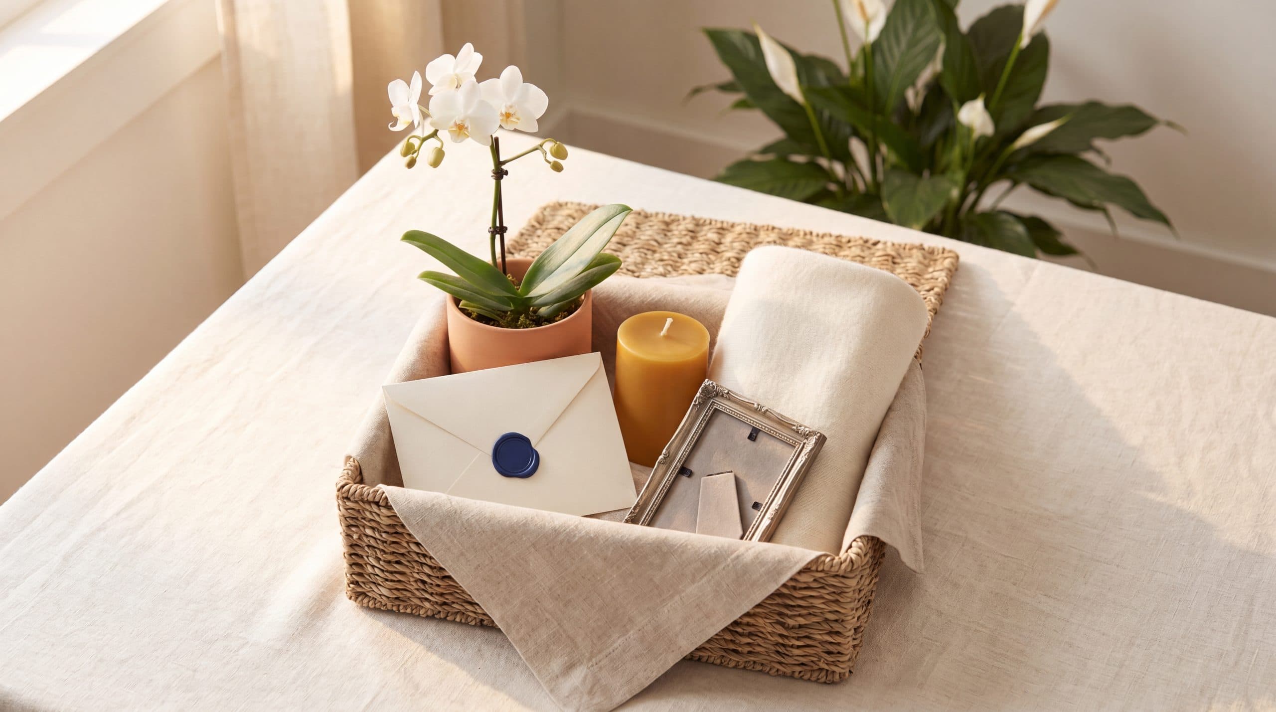 Tasteful sympathy gift basket with handwritten card, candle, and personalized keepsake on a warm neutral background