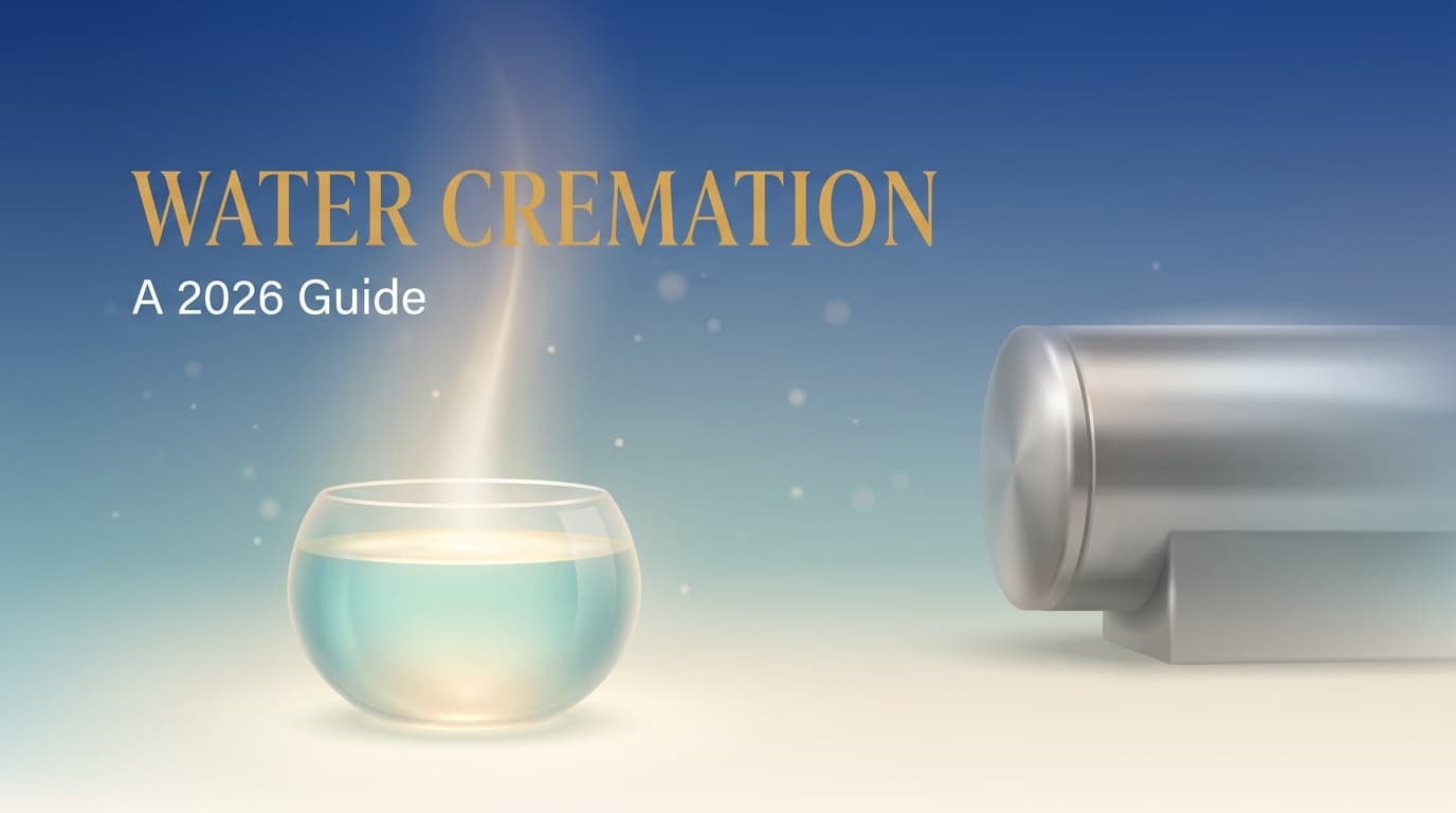 Peaceful, modern illustration of water cremation: gentle blue water flowing around a soft warm glow, with an abstract aquamation chamber silhouette and the words Water Cremation Guide