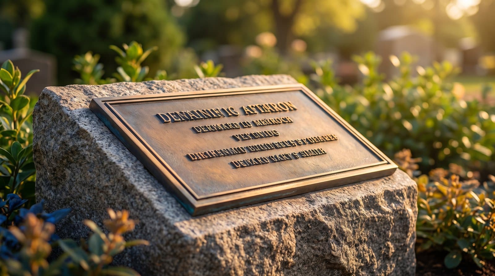 A cast bronze memorial plaque with raised lettering and a soft patina, set against a calm cemetery garden