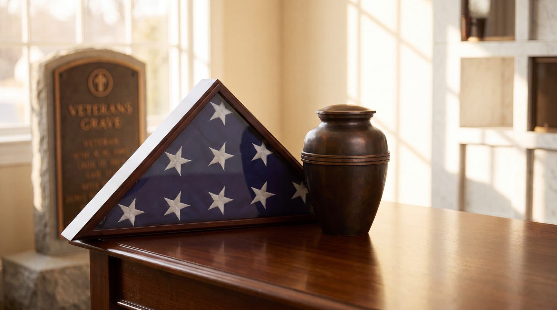 Folded American flag resting beside a veteran's urn and bronze grave marker, symbolizing free cremation and burial benefits for veterans