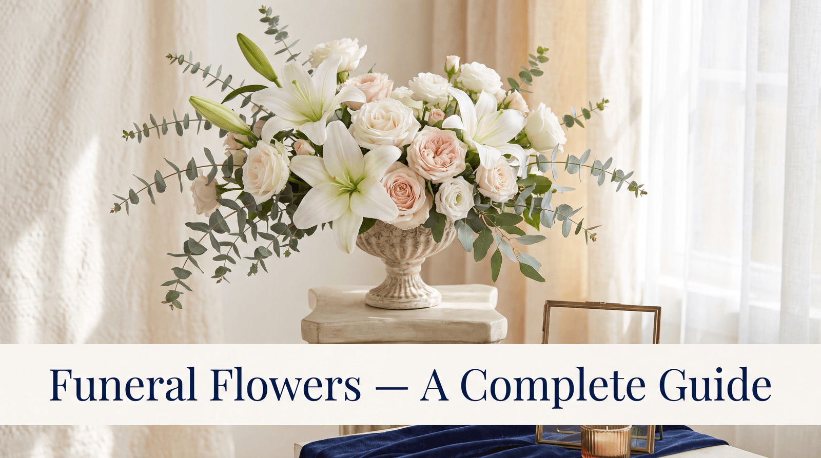 An elegant funeral flower arrangement of white lilies and roses on a soft ivory background, symbolizing remembrance and sympathy
