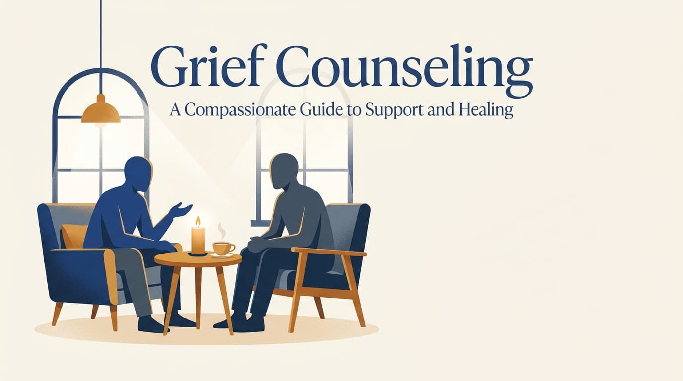 Grief counseling blog header in Linkora blue and ivory showing a calm, supportive counseling setting with the words Grief Counseling in elegant typography