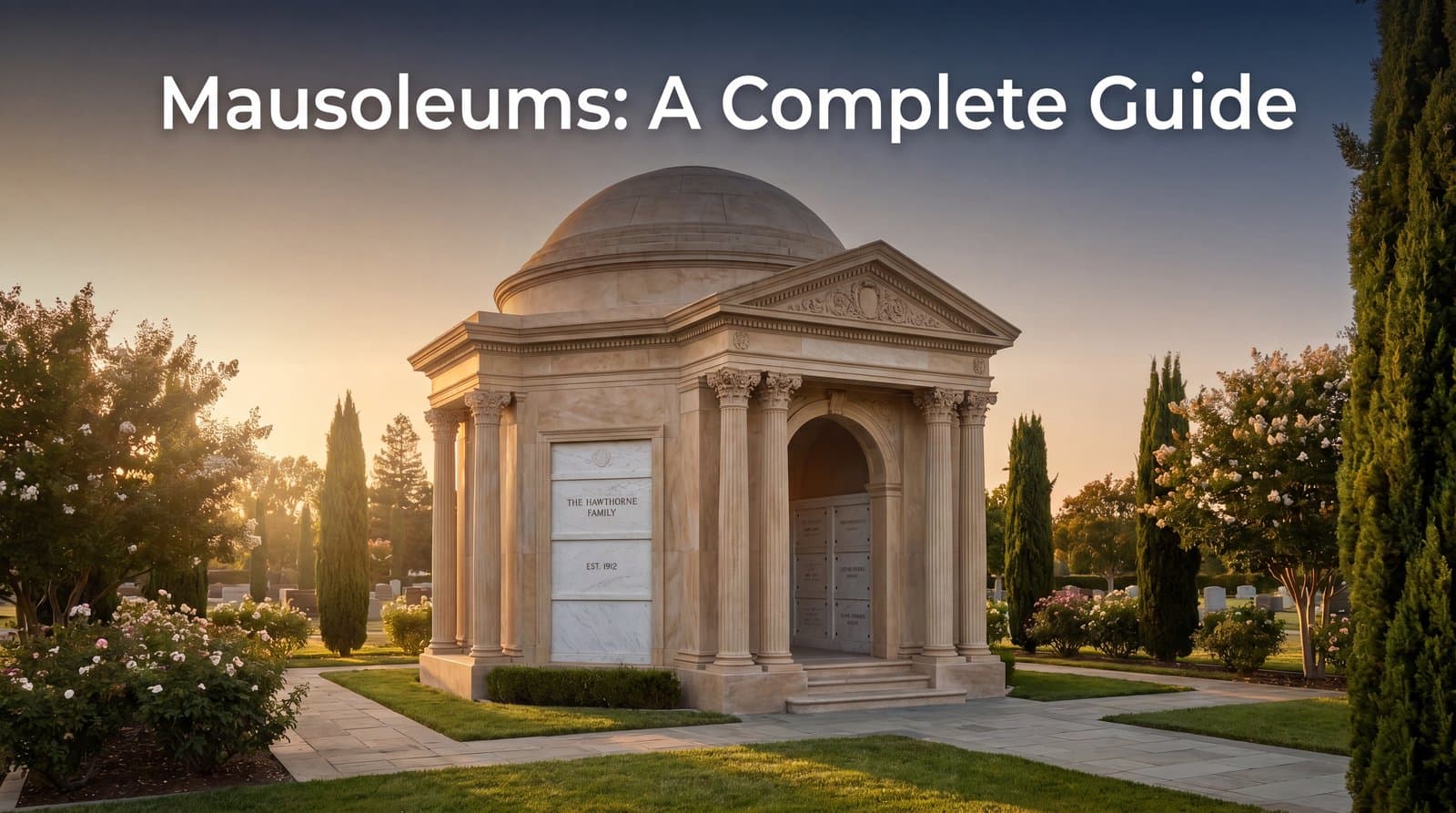 An elegant stone mausoleum in a cemetery with engraved crypt fronts at golden hour