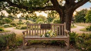 A wooden memorial bench with a bronze plaque under an oak tree in a peaceful park at golden hour