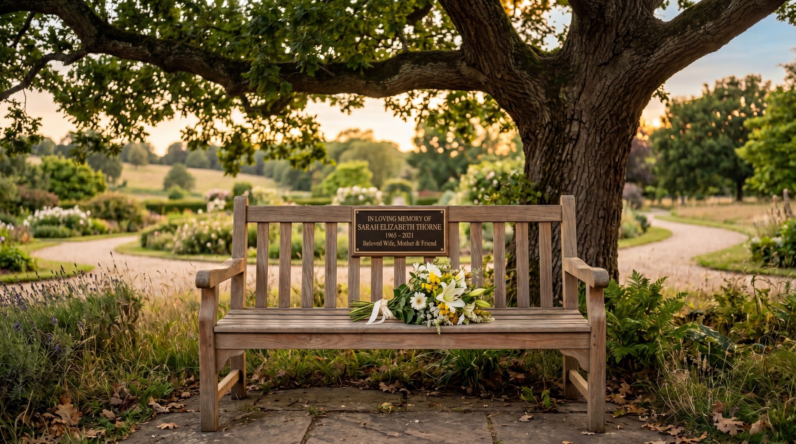 A wooden memorial bench with a bronze plaque under an oak tree in a peaceful park at golden hour