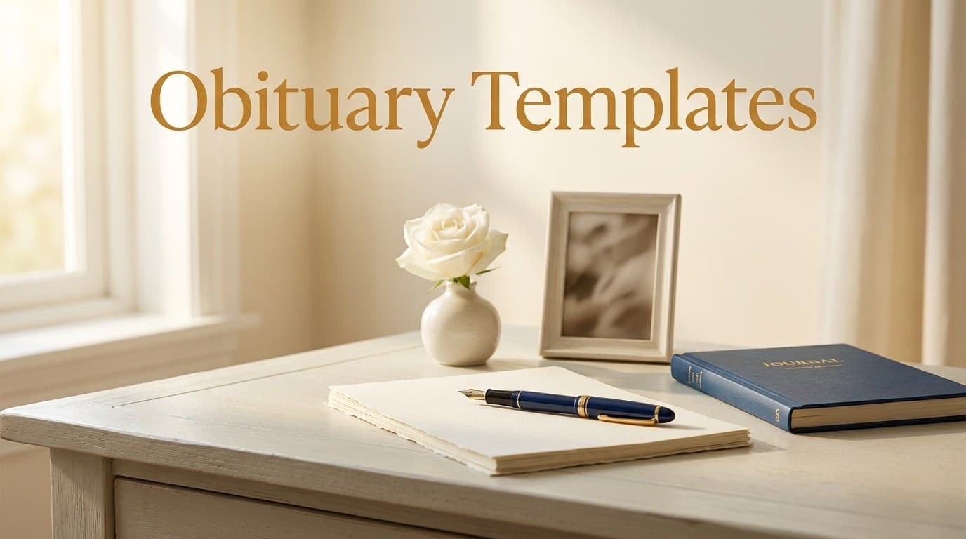 Warm, respectful blog header image for an obituary template guide, showing a writing desk with a fountain pen, a framed photo, and soft golden light