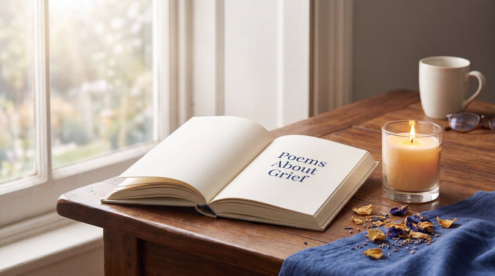 Poems About Grief: comforting verses to help you through loss, with an open book of poetry and soft candlelight in Linkora brand colors