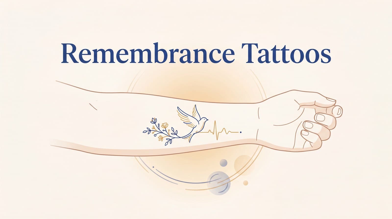 Remembrance tattoos guide to honor a loved one, shown in a calm, dignified layout with memorial tattoo motifs in Linkora blue and amber