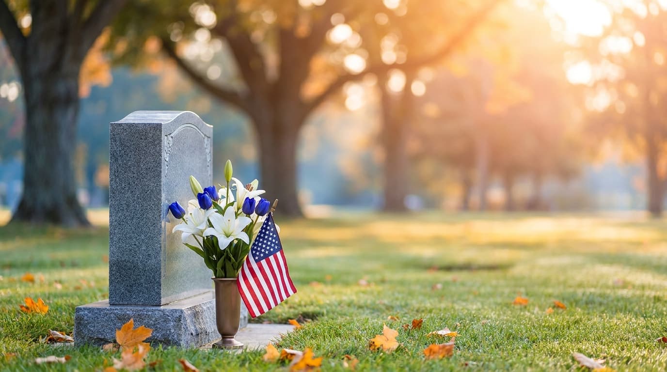 A gently decorated grave with fresh seasonal flowers in a flush vase and a small flag beside a headstone, in warm ivory and deep blue tones