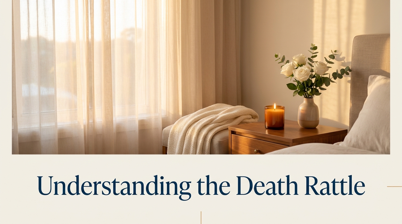 A calm, softly lit hospice bedside conveying peaceful presence at the end of life, in Linkora brand colors
