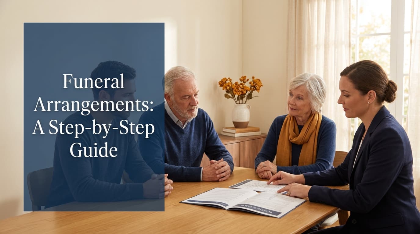 Family making funeral arrangements together with a funeral director, reviewing plans in a warm, respectful setting
