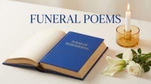 Funeral poems: an open book of comforting verses beside a candle and white flowers, for reading at a memorial service