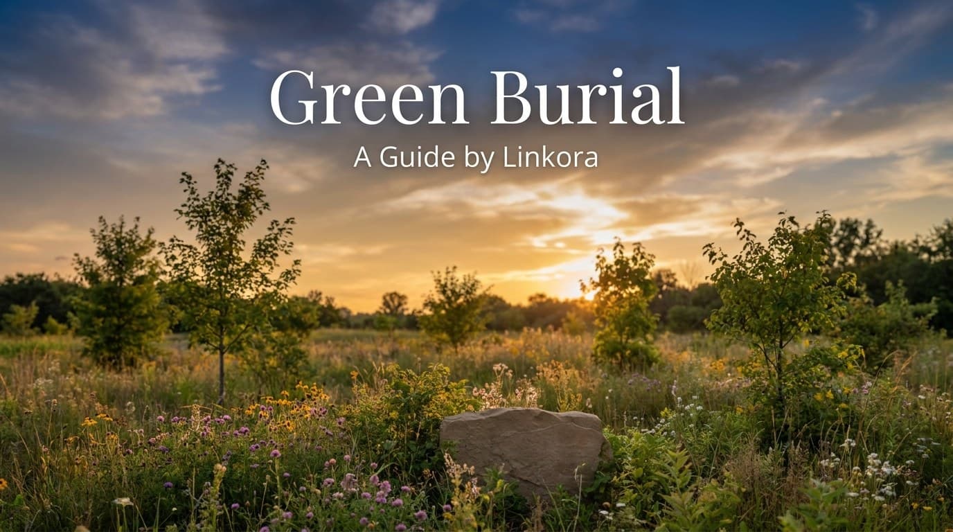 A peaceful natural burial ground with a simple stone marker among wildflowers and trees, representing green burial