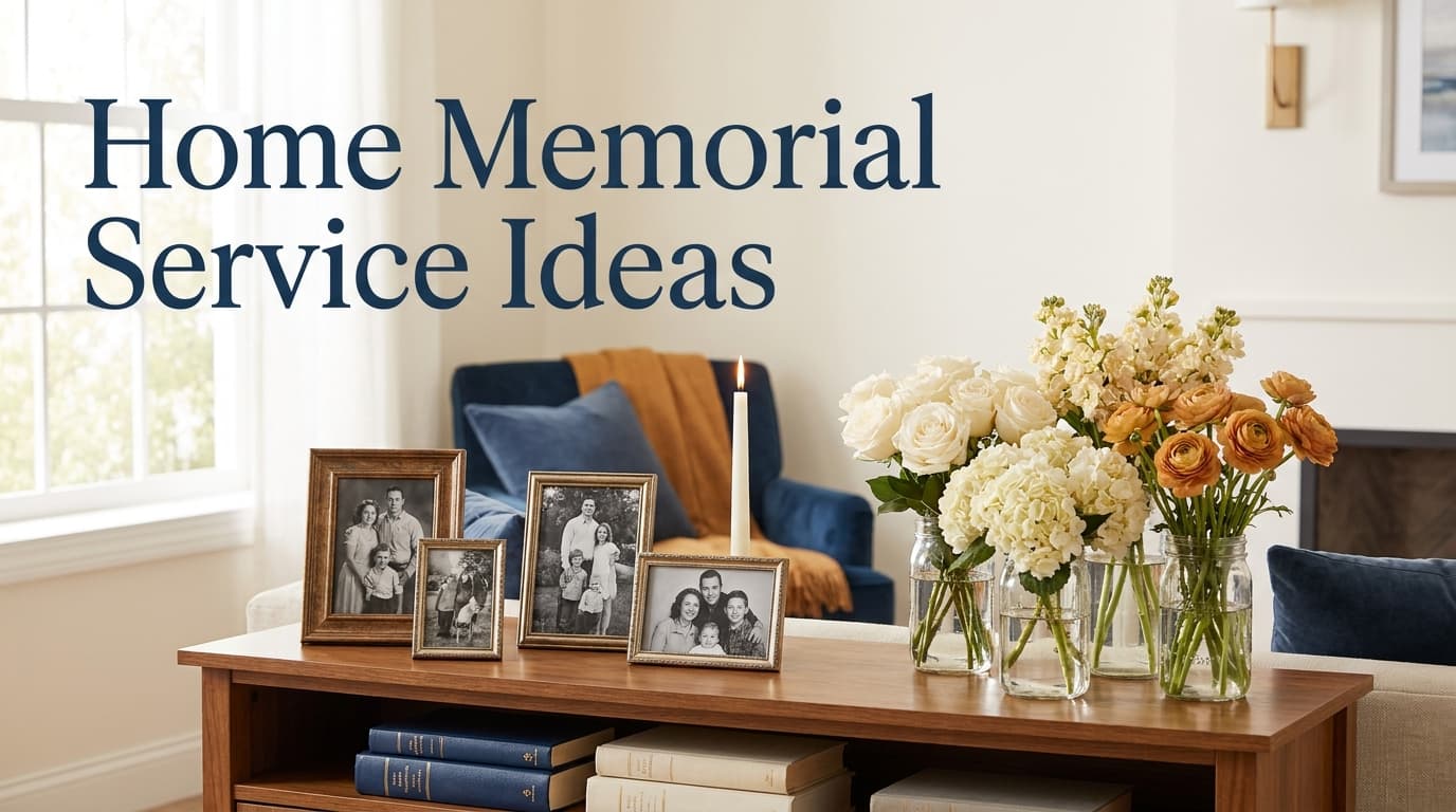 A warm, intimate home memorial service with a candle-lit memory table of photographs and flowers in a living room