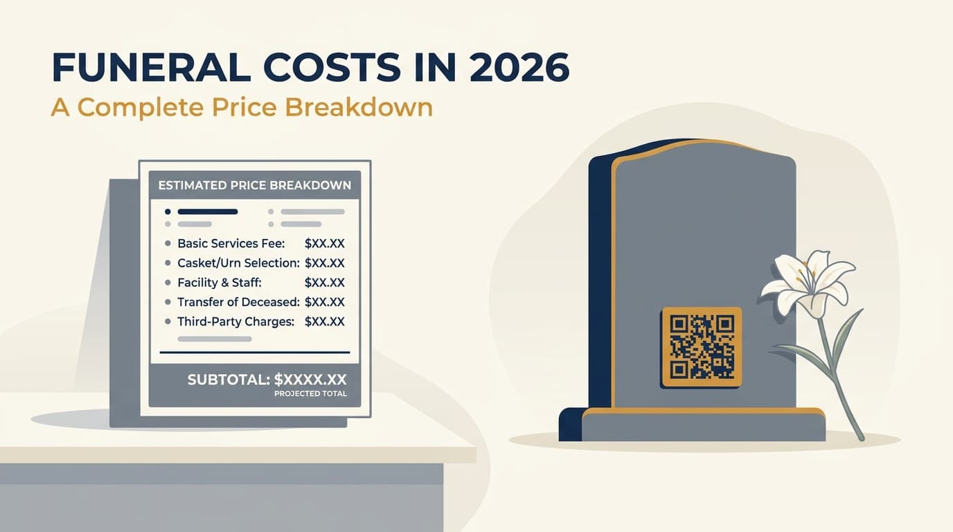 Editorial illustration representing 2026 funeral cost planning, with a calm ivory and navy palette showing a price list and memorial imagery