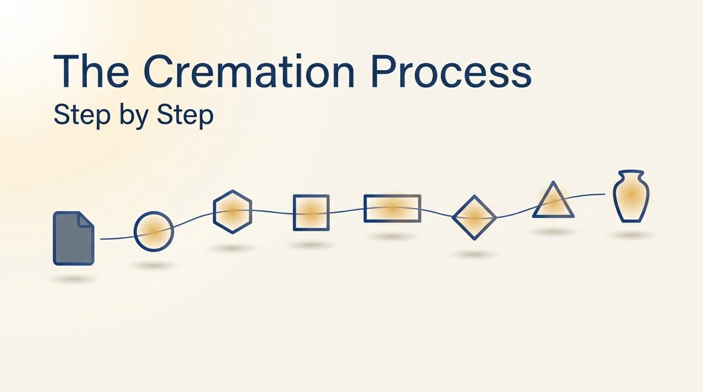 Calm editorial illustration of the cremation process shown as a sequence of seven dignified stages in Linkora brand blue and amber