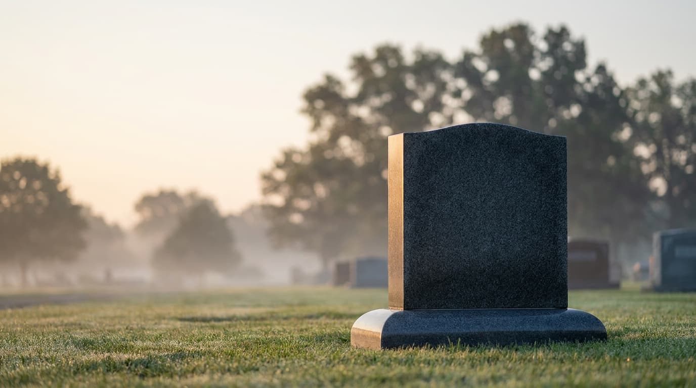 Polished granite upright headstone in a quiet cemetery at soft morning light, illustrating 2026 headstone cost ranges