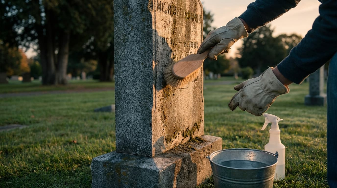 Gloved hands gently cleaning a weathered granite headstone with a soft bristle brush and water in a sunlit cemetery