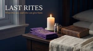 A lit candle and a small vessel of blessed oil on a bedside table in soft evening light, representing the Catholic last rites given at the bedside of a dying person