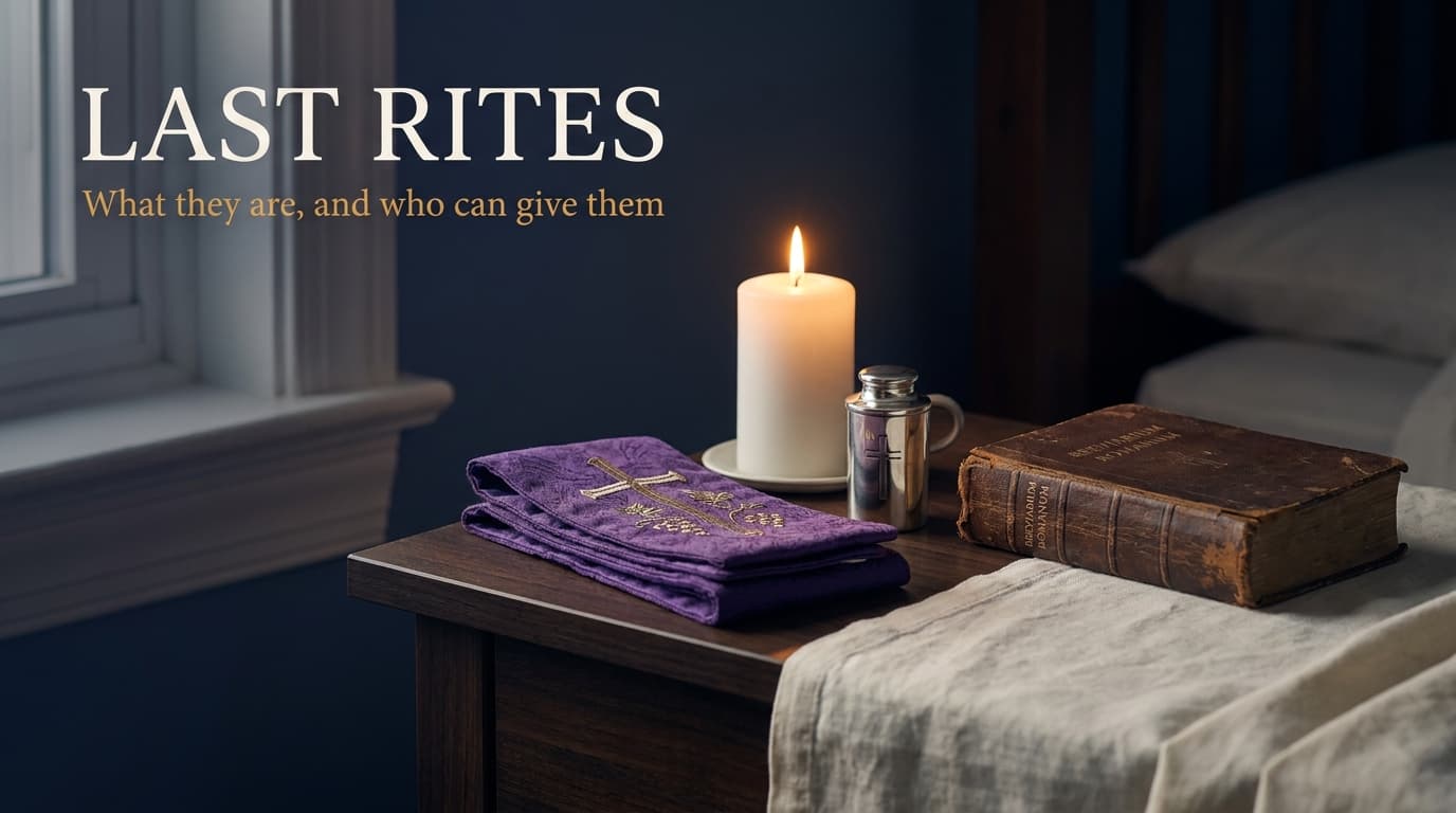 A lit candle and a small vessel of blessed oil on a bedside table in soft evening light, representing the Catholic last rites given at the bedside of a dying person