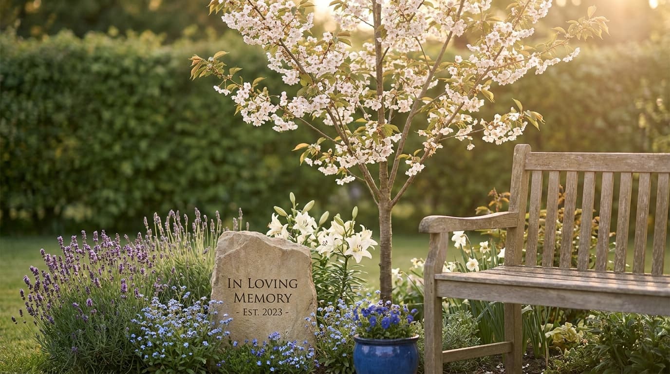 A peaceful home memorial garden with a stone marker, flowering plants and a wooden bench beneath a young tree