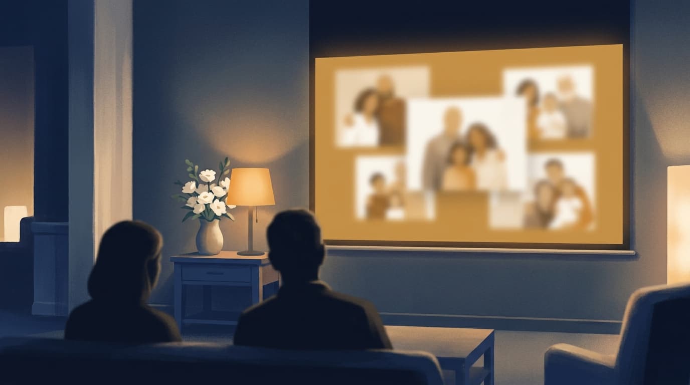 Warm, restrained illustration of a memorial slideshow projected in a service room, in Linkora navy, amber and ivory brand colors
