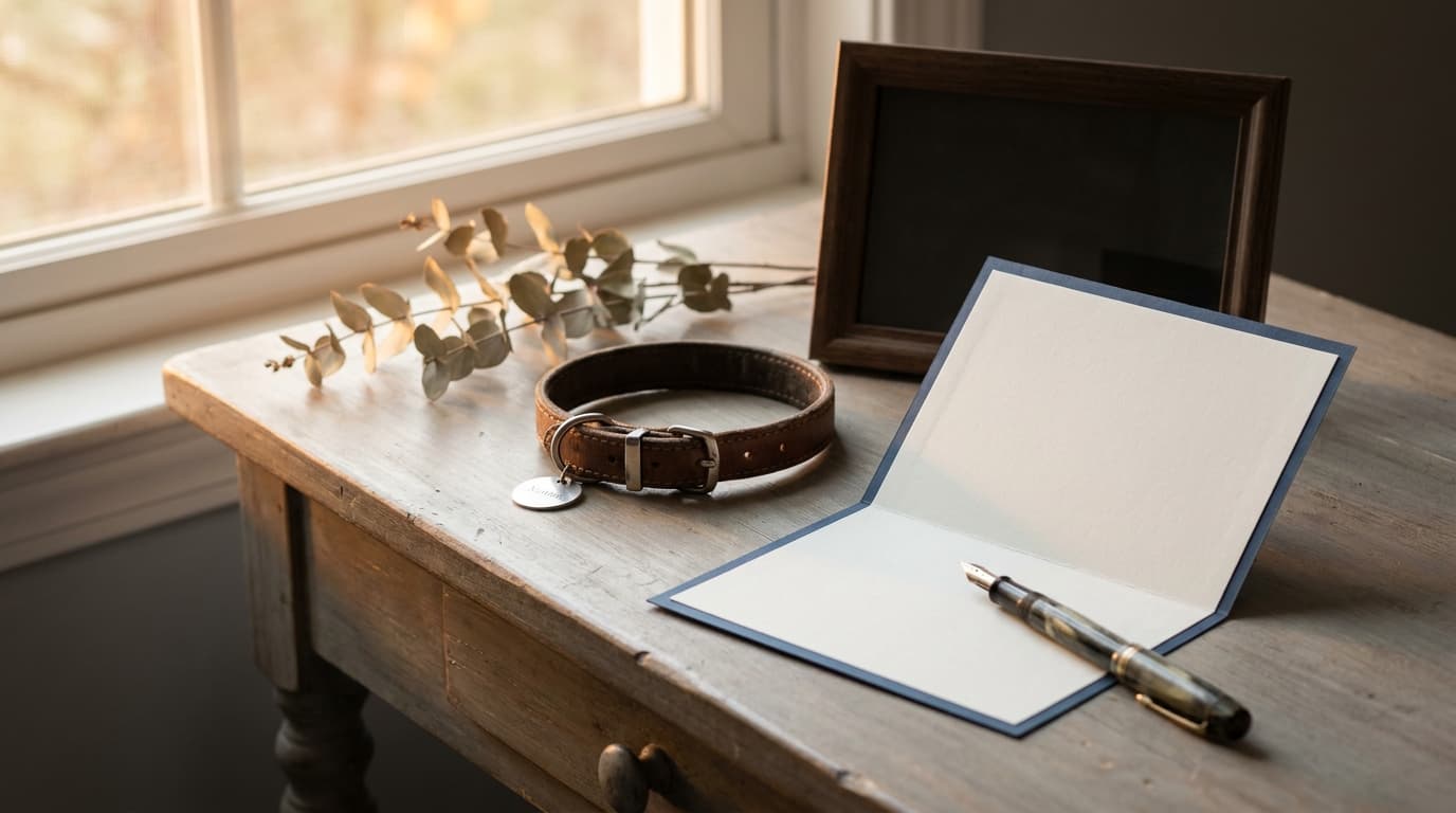 A handwritten pet loss sympathy card resting beside a dog collar and a framed photo, in warm ivory and blue tones