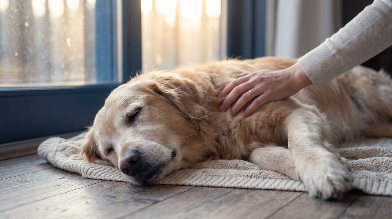 A senior dog resting on a soft blanket in warm evening light with a person's hand nearby, illustrating a guide to the signs a dog is dying