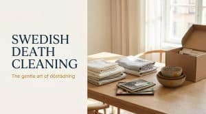 A calm, sunlit room with neatly sorted boxes, framed photographs and colored sorting stickers, illustrating the Swedish death cleaning method