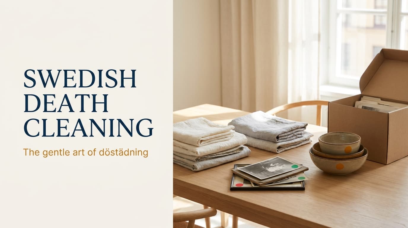 A calm, sunlit room with neatly sorted boxes, framed photographs and colored sorting stickers, illustrating the Swedish death cleaning method