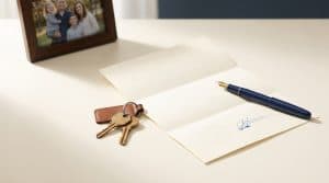 Transfer on death deed document beside house keys on a warm ivory desk, representing passing a family home outside probate