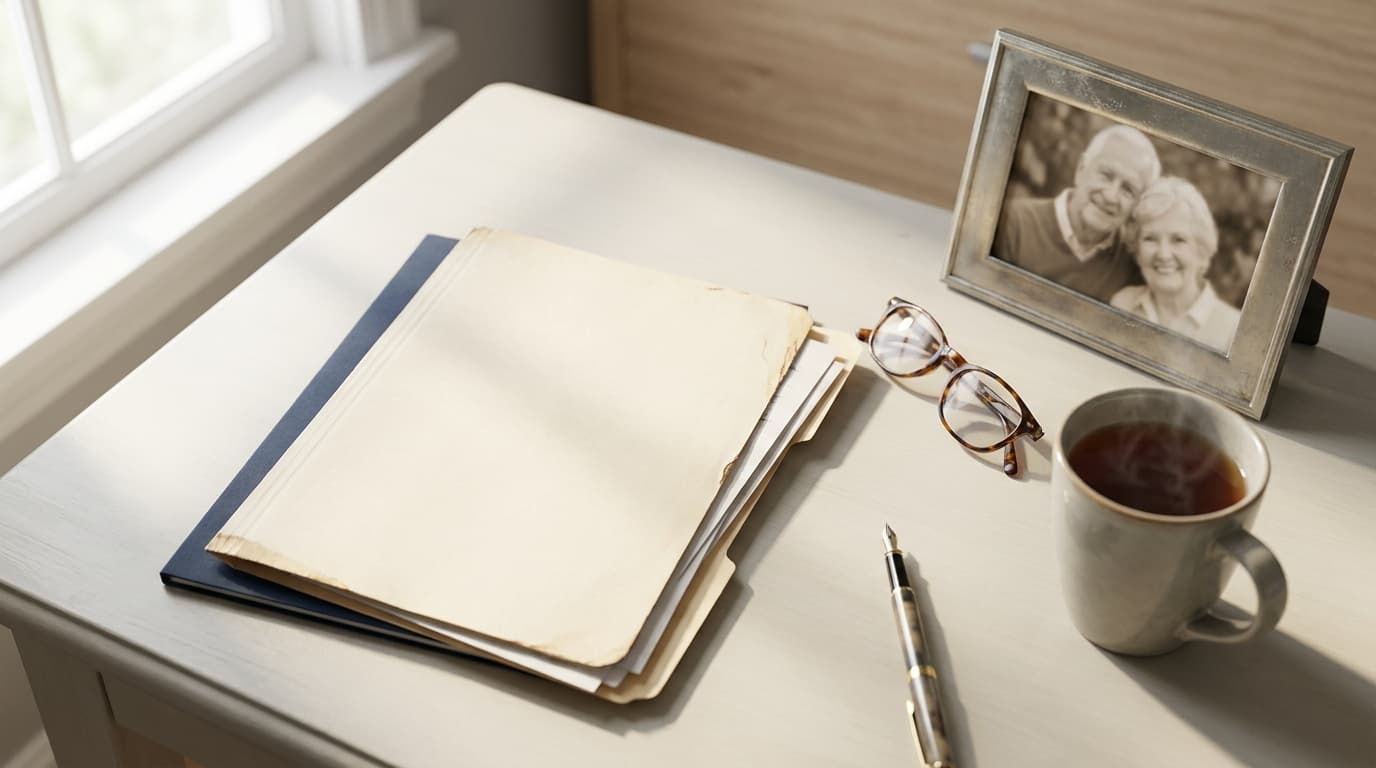 A quiet desk with a folder of documents and a framed family photograph, representing the steps to take when a parent dies
