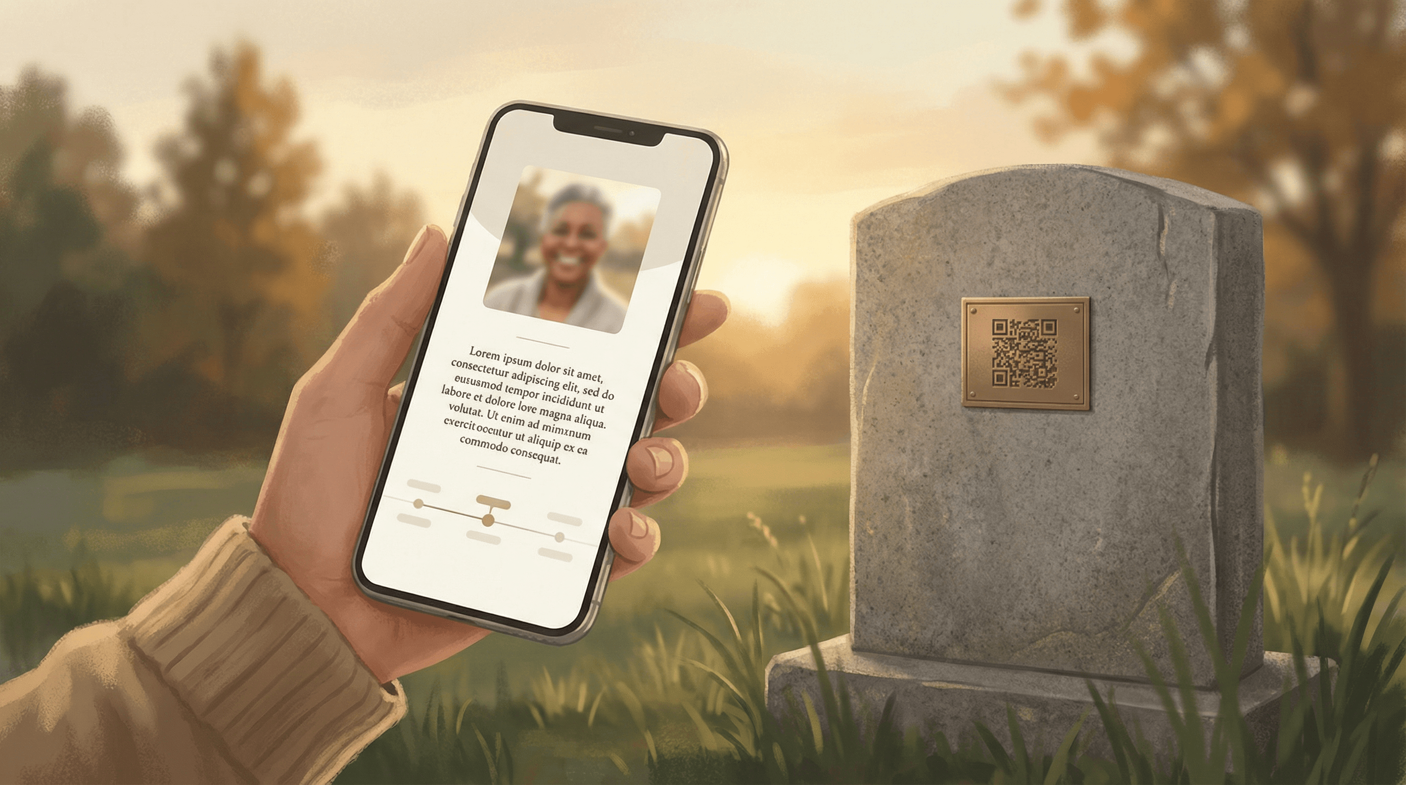 A hand holding a phone showing a memorial profile beside a monument with a QR plaque at sunset