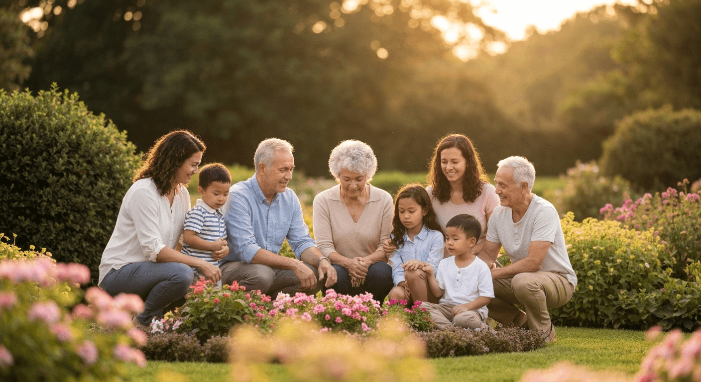 Family gathered at a beautifully maintained memorial garden during golden hour