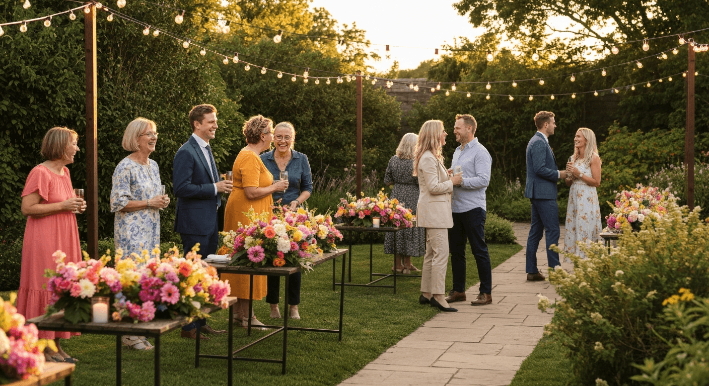 Warm outdoor celebration of life gathering with people sharing stories under string lights