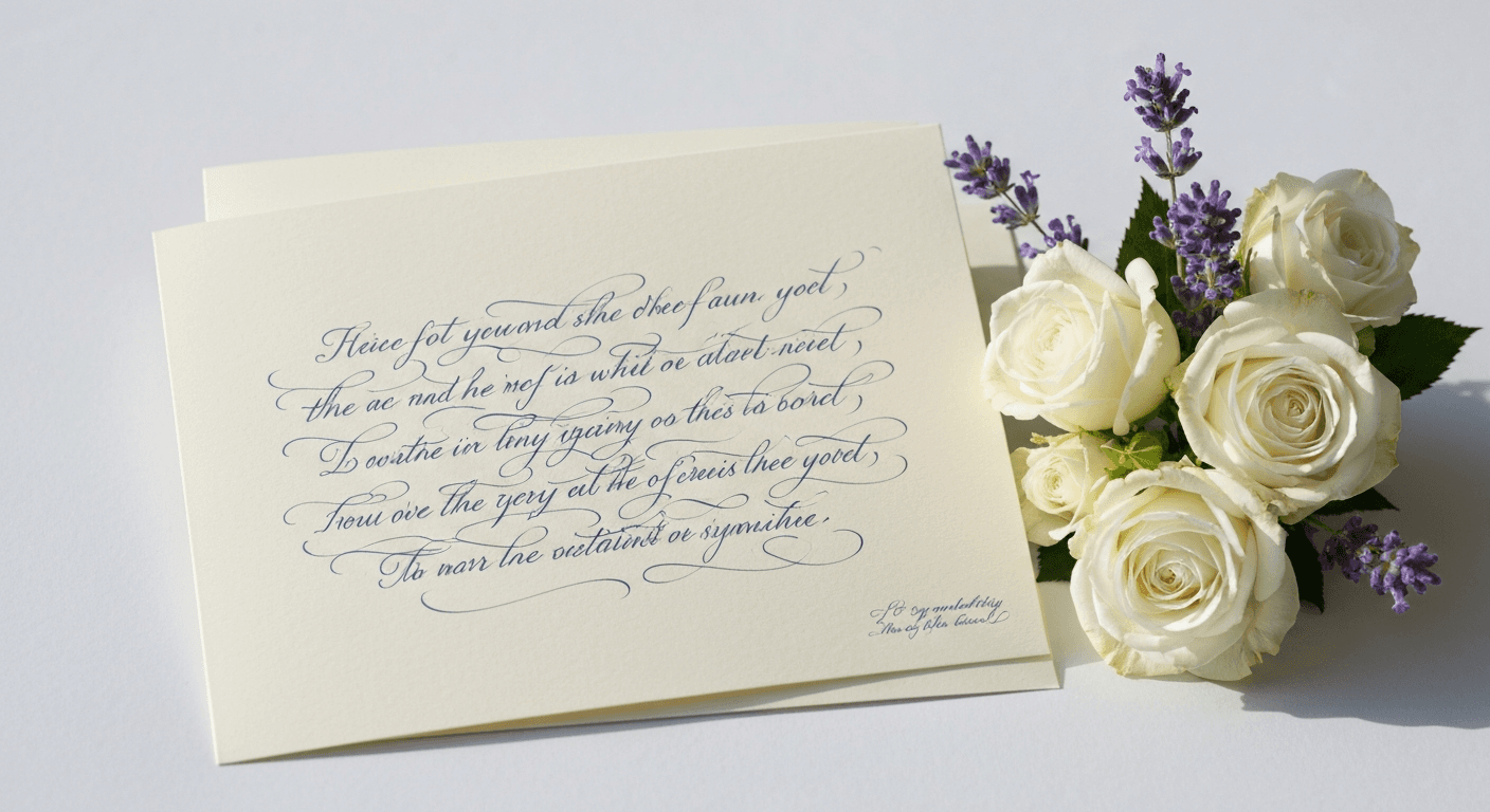 Handwritten sympathy card with elegant calligraphy beside white roses and lavender