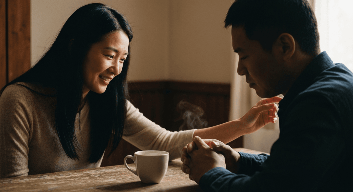 Two people sharing a comforting moment together, one offering support