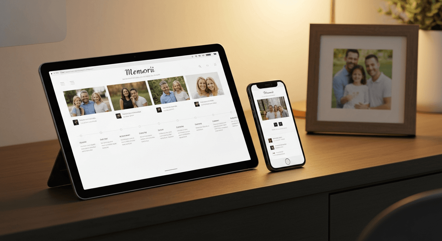 Modern tablet and smartphone displaying a memorial webpage with photos and timeline