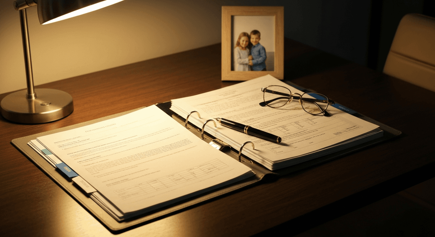 Well-organized planning binder with tabbed sections and important documents on a desk
