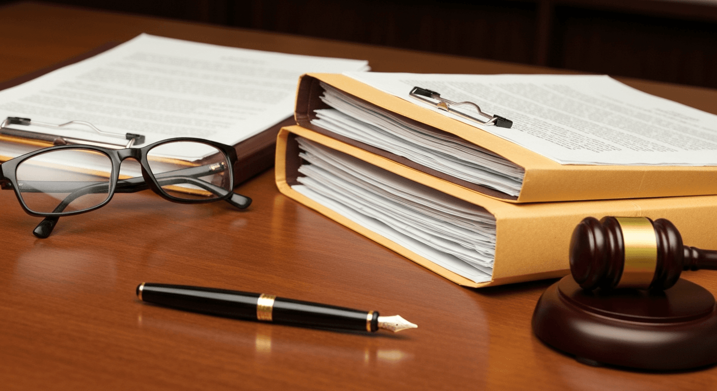 Neatly organized legal documents and folders on a polished wooden desk