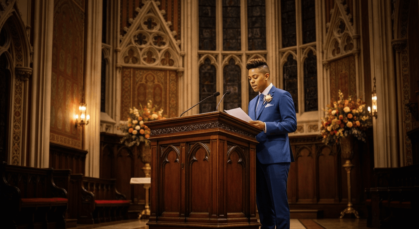 Person standing at an elegant wooden podium delivering a eulogy in a chapel