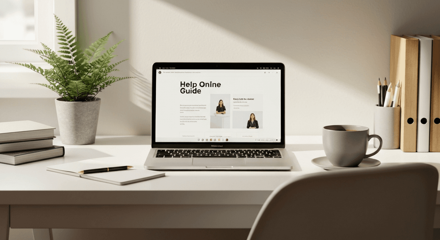 Warm, welcoming desk scene with an open laptop, a cup of coffee, and a small potted plant