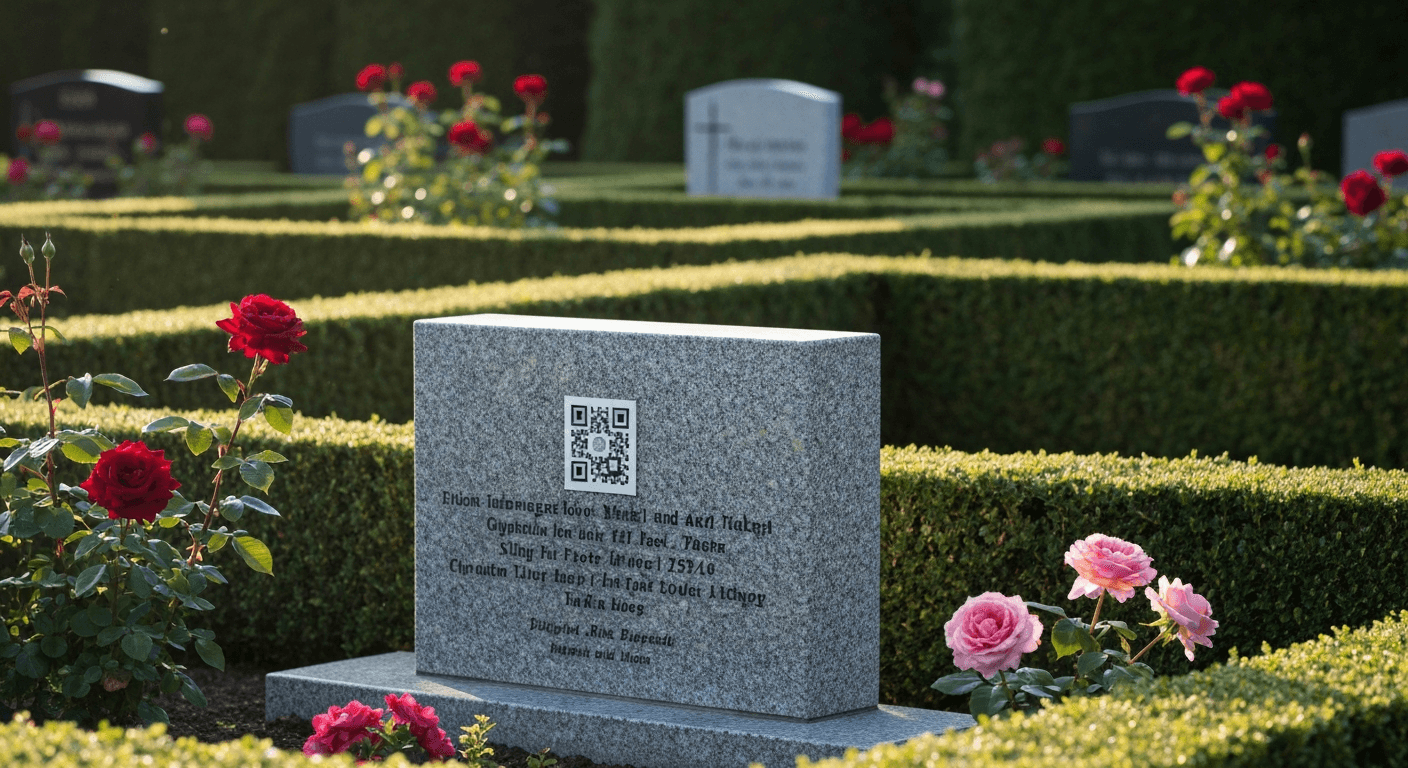 Modern granite headstone with an elegant QR code plaque in a beautiful cemetery garden