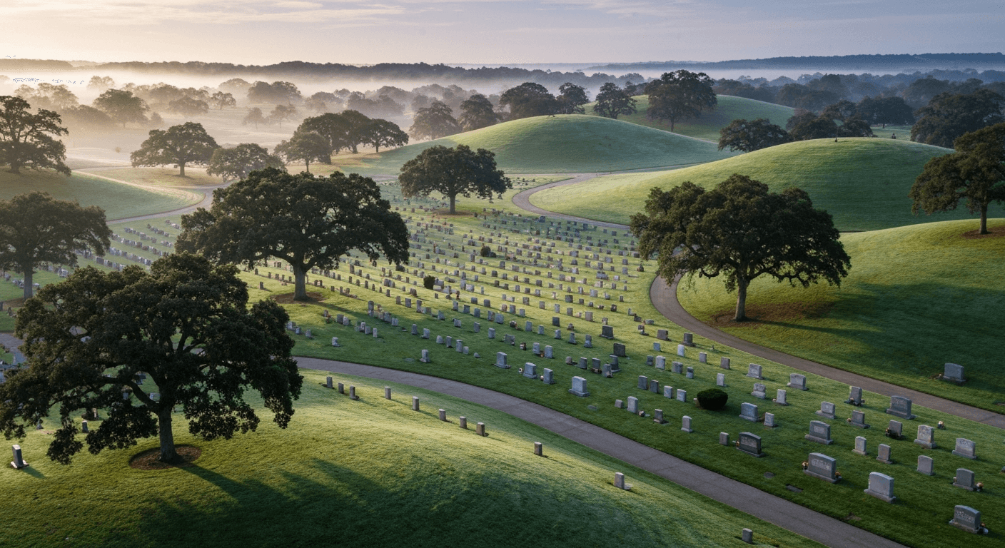 Beautifully maintained cemetery landscape with rolling green hills and mature oak trees