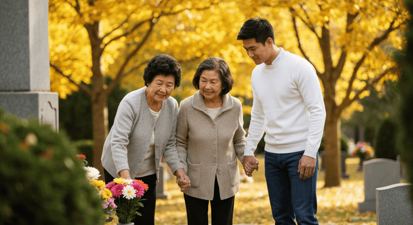 A loving family of three generations visiting a memorial site together in a garden cemetery